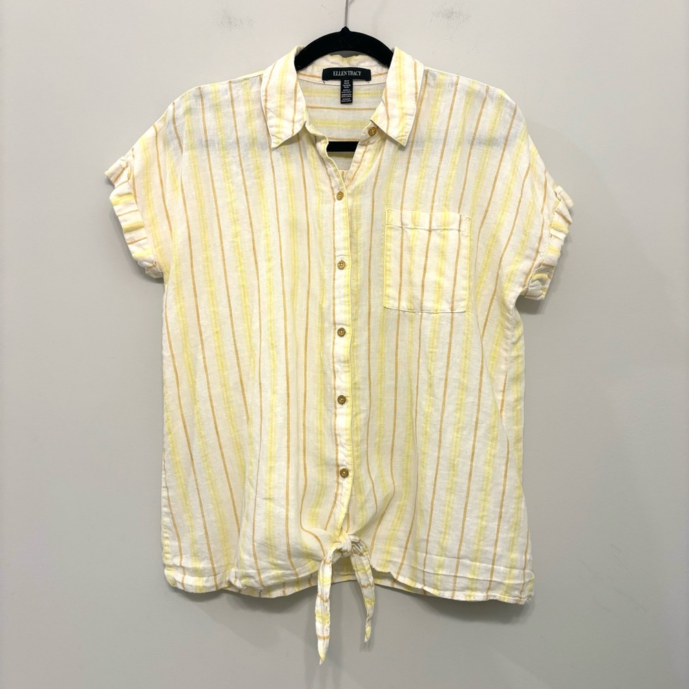 Ellen Tracy 100% Linen Striped Tie Front Button Up Short‎ Sleeve Shirt Women’s M